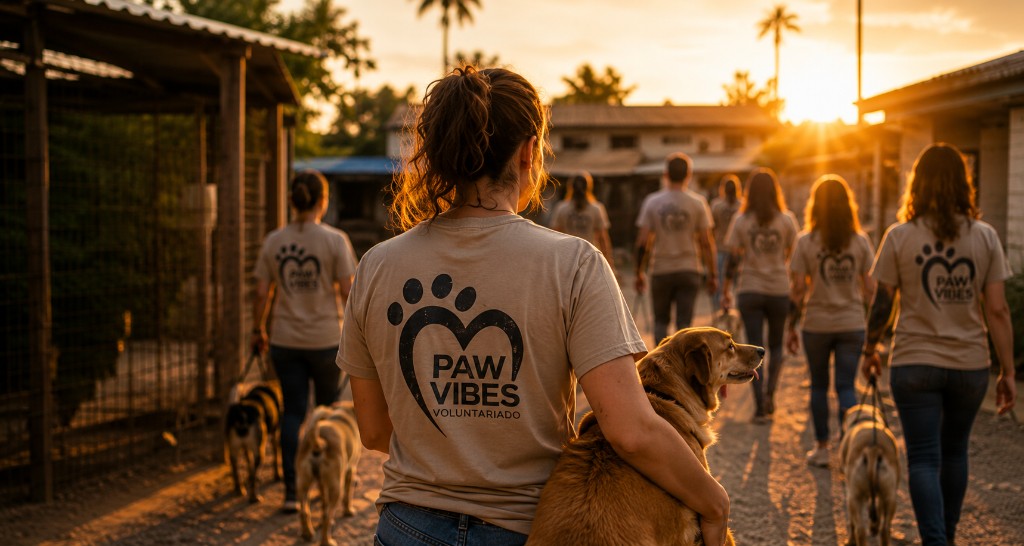 Voluntarios Paw Vibes con camisetas Voluntariado, caminando al atardecer hacia el refugio con perros